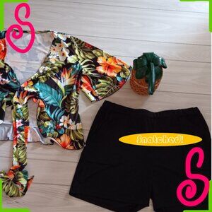 Floral Printed Irregular Lace-Up Shirt Shorts Fashion Casual Two Pieces Set